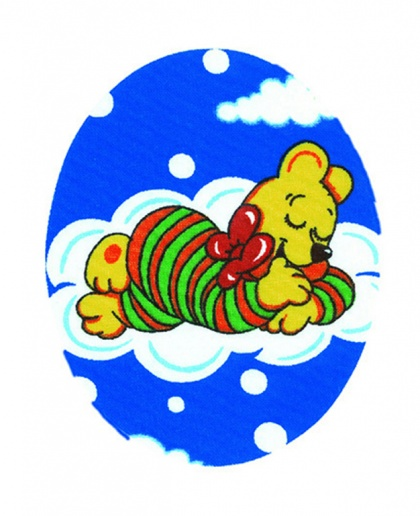 Nažehlovací záplaty oválky s potiskem - medvídek v pruhovaném pyžamku na modrém podkladu